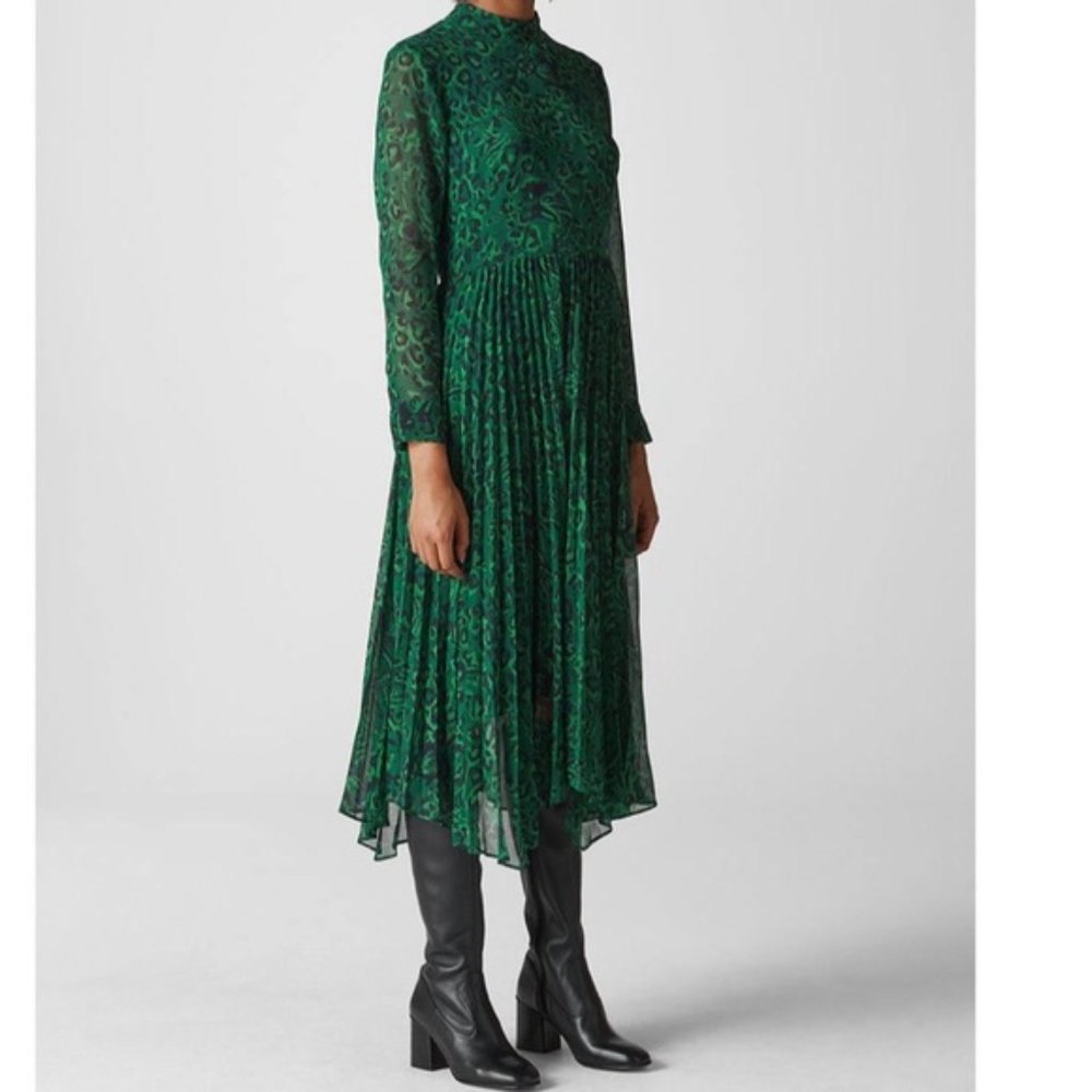 Whistles Green Leopard Print Pleated Midi Dress